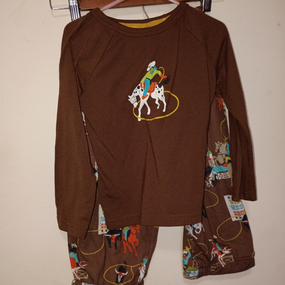 Nick & Nora Brown Pajama Set with Cowboy Theme Size 4t. Has Been Hemed.